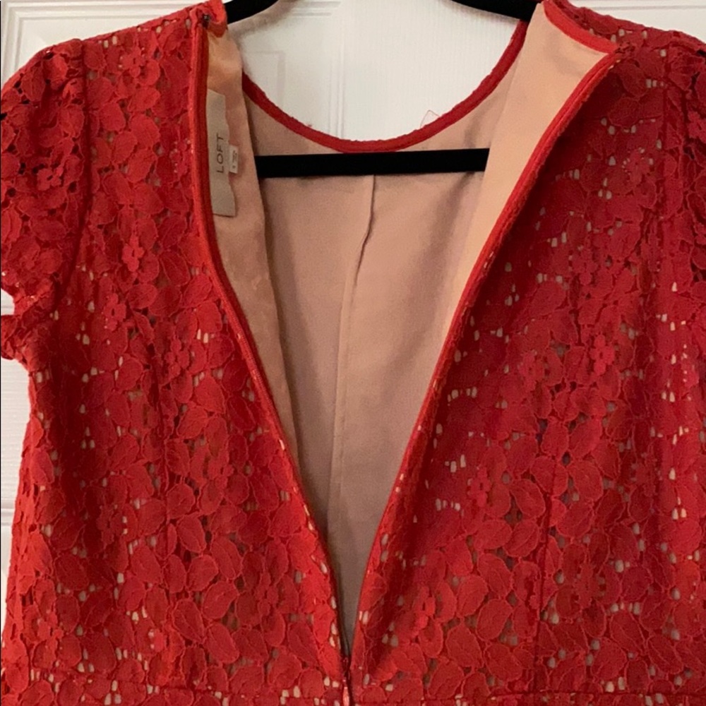 LOFT coral lace cap sleeve dress w/ nude underlay - Picture 7 of 8